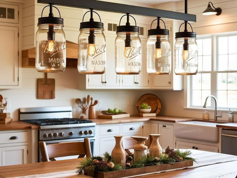 DIY lighting: rustic mason jar pendant lights hanging over a wooden dining table in a farmhouse kitchen