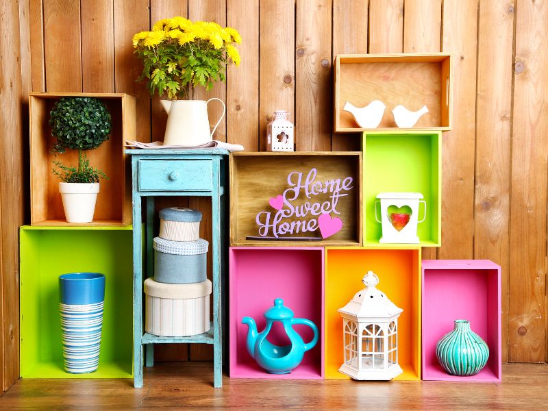 DIY storage solutions: pastel-painted wooden crates arranged as shelves, filled with books and plants