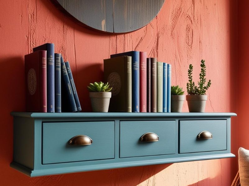 Upcycling projects: Drawer shelf styled with books and plants, mounted on a colorful wall