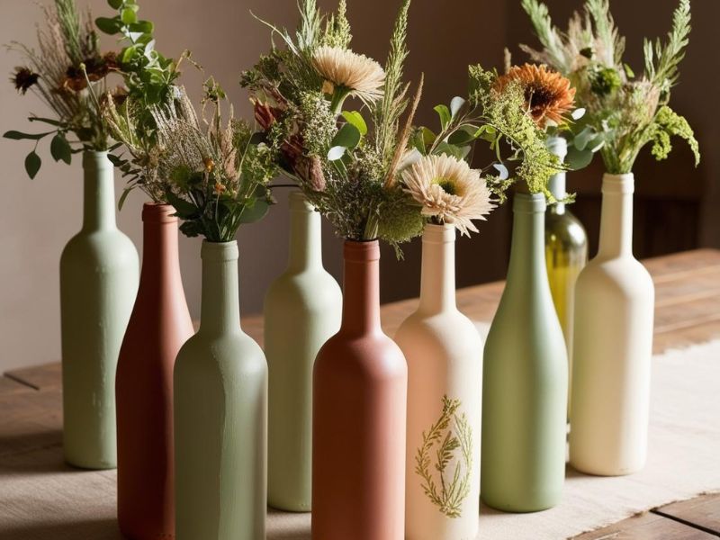 Upcycling projects: Upcycled wine bottle vases with flowers arranged as a centerpiece on a dining table