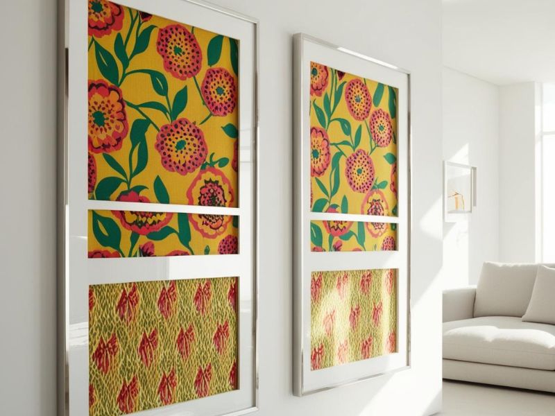 DIY wall art: bold patterned fabric panels in sleek gold frames, hung on a neutral wall in a living room