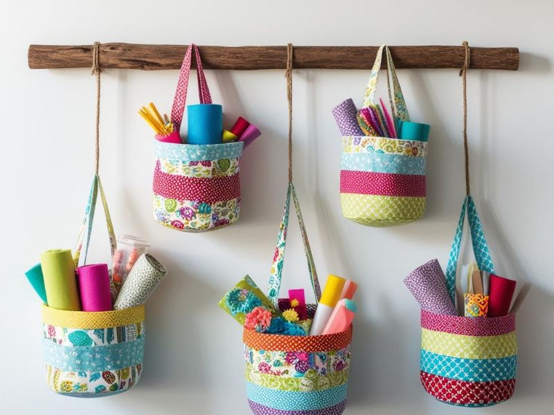 DIY storage solutions: colorful fabric baskets hanging from a wooden dowel, storing craft supplies