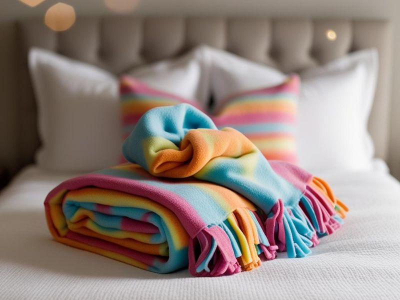 DIY blanket projects: a colorful no-sew fleece blanket with fringe edges, neatly folded on a bed for a cozy and vibrant touch