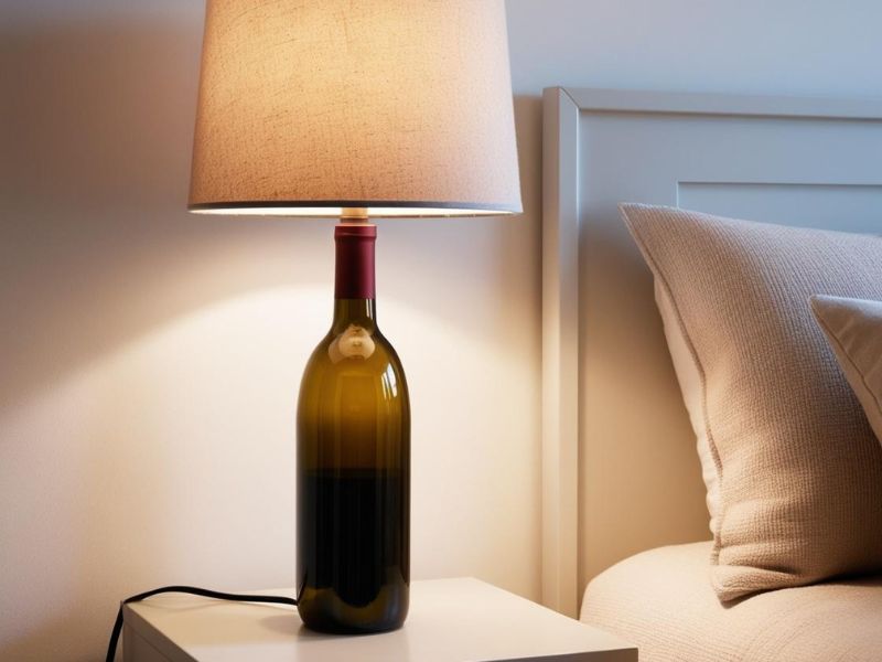 DIY lighting: elegant wine bottle table lamp with a neutral lampshade on a wooden nightstand