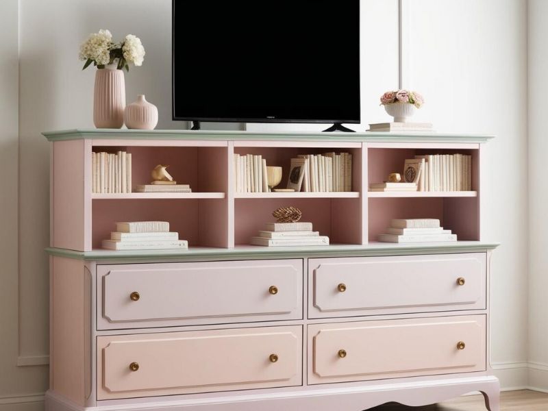 Upcycling projects: Upcycled dresser transformed into a stylish TV stand with open shelving."