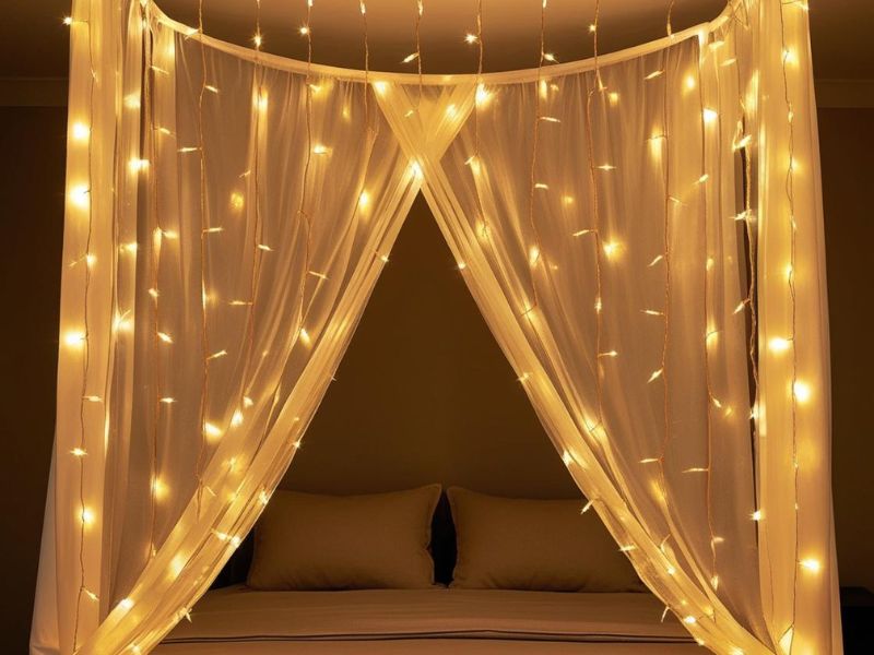 DIY lighting: enchanting fairy light canopy draped over a cozy bed, creating a warm and magical bedroom ambiance