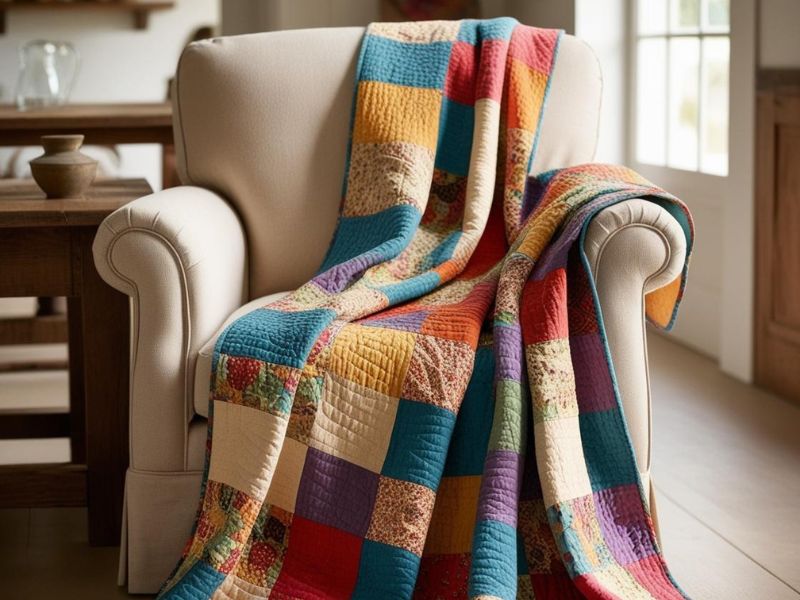 DIY blanket projects: a colorful quilted patchwork throw draped over an armchair, adding warmth and charm to a cozy space