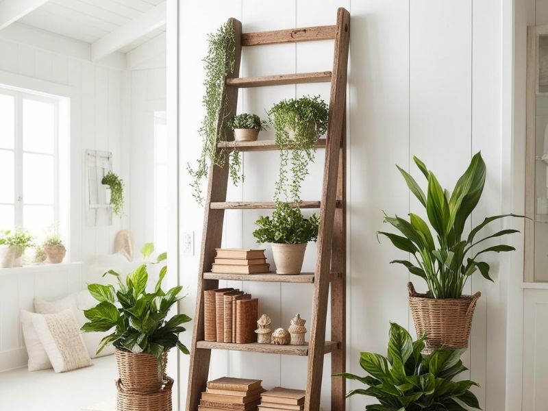 DIY storage solutions: a repurposed wooden ladder used as stylish shelving, holding books and potted plants for a rustic touch