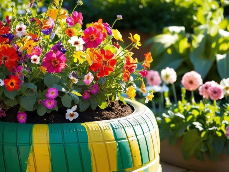 DIY outdoor decor: colorful upcycled tire planter filled with vibrant flowers