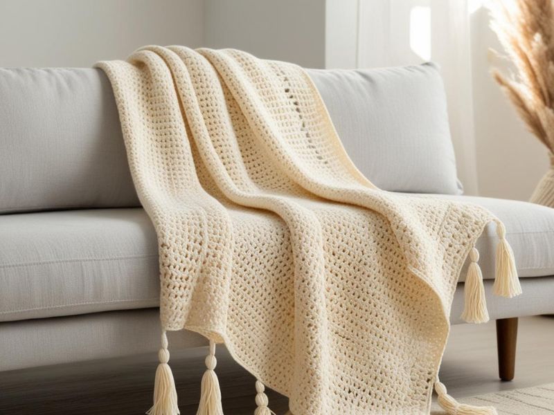 DIY blanket projects: a handmade cream crochet blanket with tassels, elegantly draped over a sofa for a cozy and stylish look