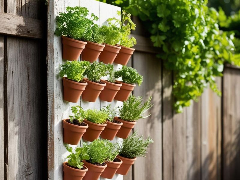 DIY outdoor decor: vertical herb garden with potted herbs mounted on a wooden fence