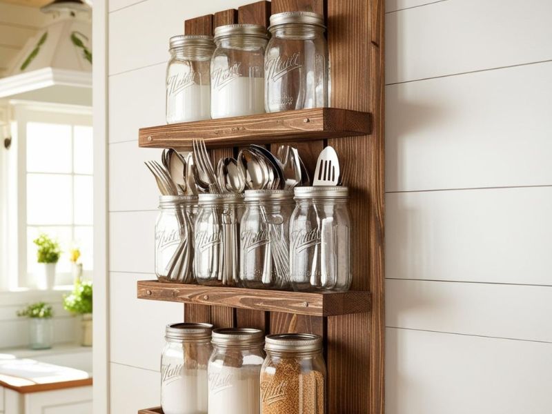 DIY storage solutions: a wooden wall organizer with mason jars holding utensils, spices, and ingredients, perfect for kitchen storage