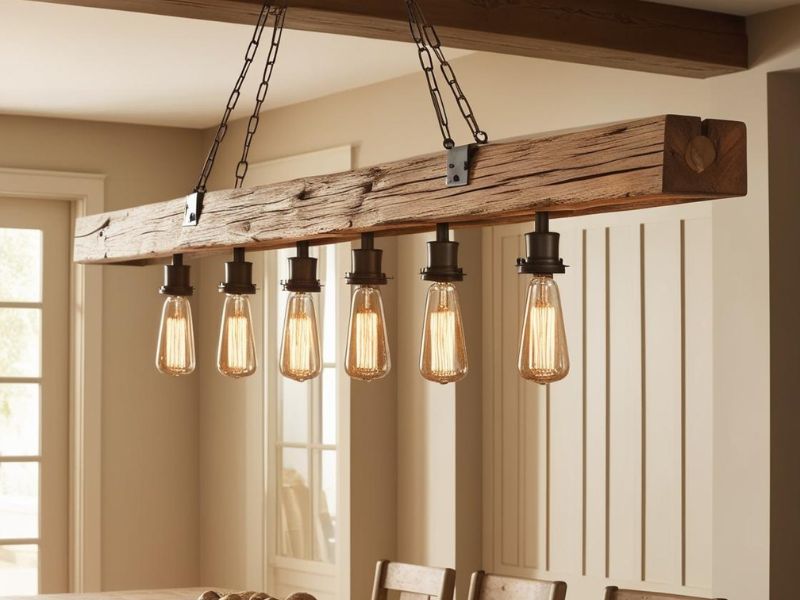 DIY lighting: rustic wooden beam chandelier with Edison bulbs in a farmhouse dining room