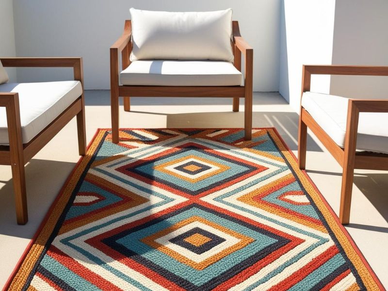 DIY outdoor decor: hand-painted geometric outdoor rug adding charm to a patio