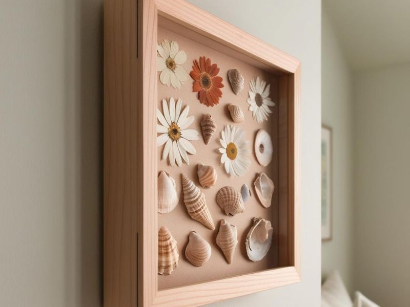 DIY wall art: a wooden shadow box filled with pressed flowers and seashells, hung on a wall