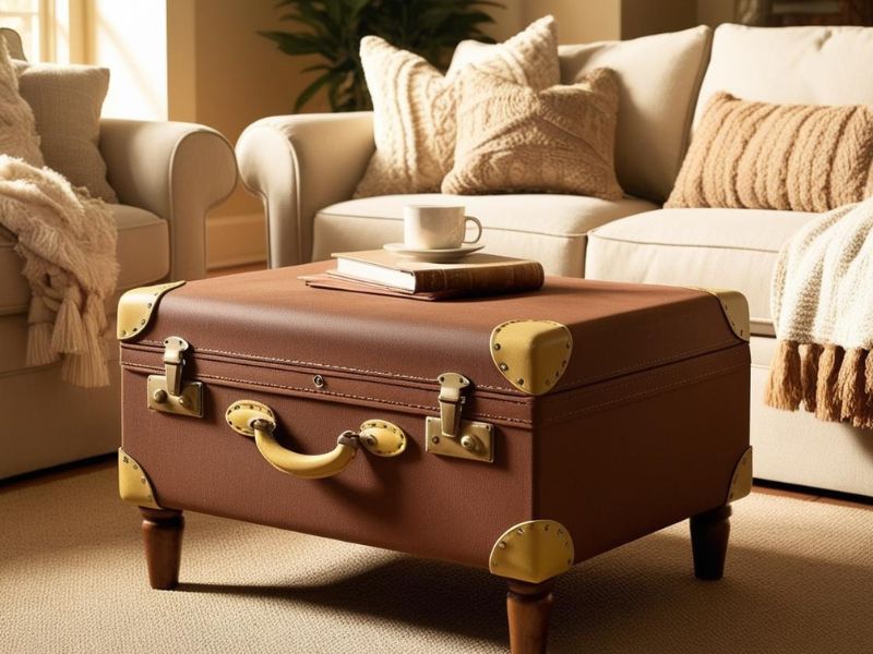 DIY storage solutions: a vintage suitcase repurposed as a storage ottoman with wooden legs