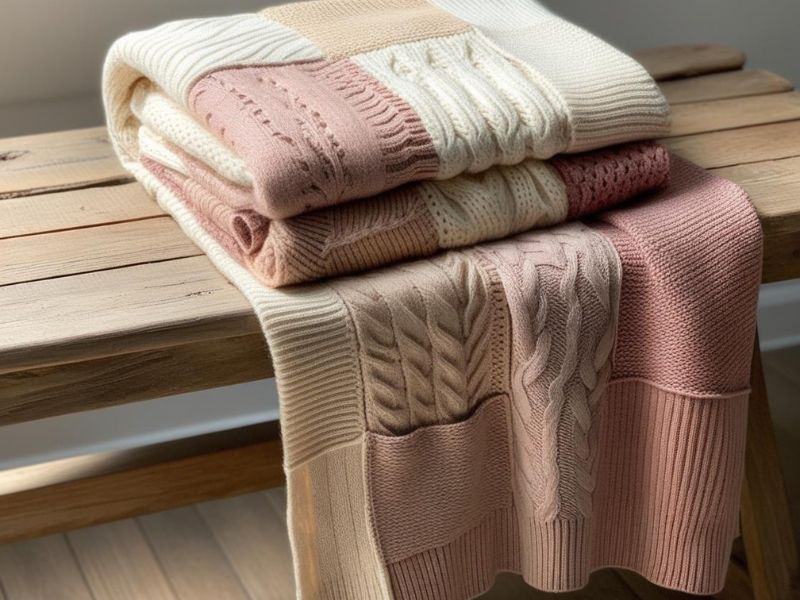 DIY blanket projects: a cozy upcycled sweater blanket made from soft knit fabric patches, folded neatly on a wooden bench