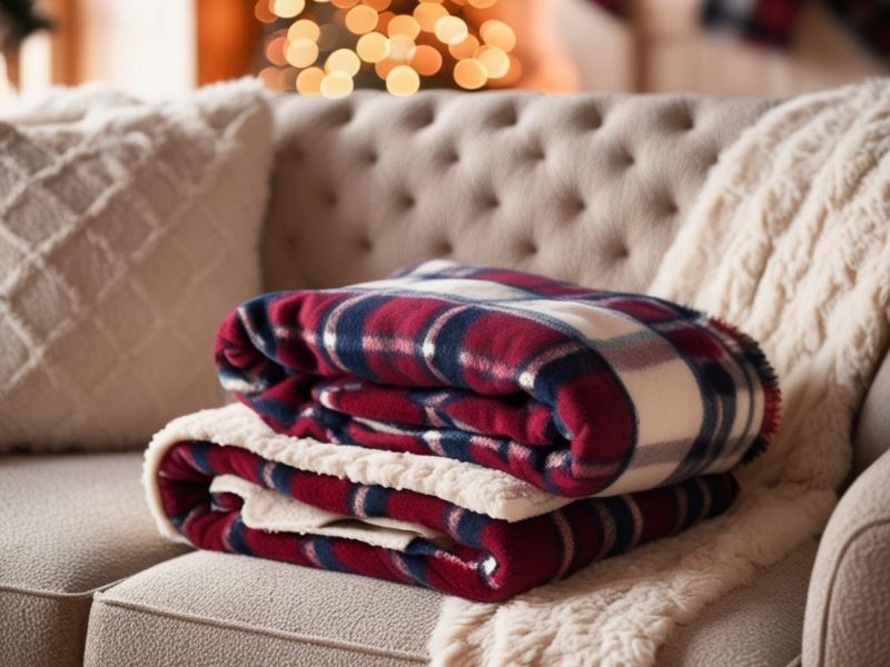 DIY blanket projects: a warm flannel and sherpa throw blanket in red plaid, folded neatly on a cozy tufted sofa