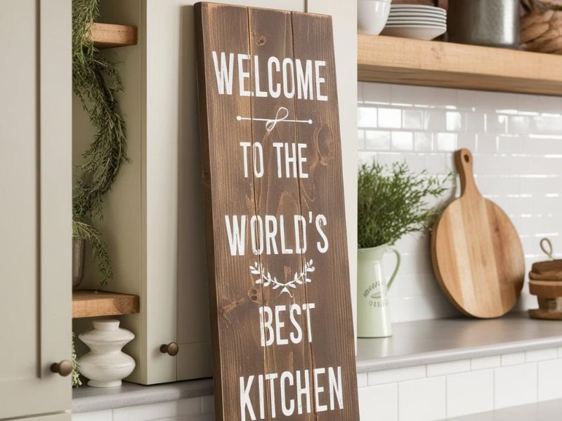 DIY wall art: hand-painted wooden sign with cozy lettering displayed on a rustic kitchen shelf