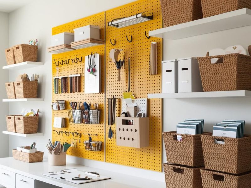 DIY storage solutions: a vibrant yellow pegboard wall with shelves, baskets, and hooks for organizing craft supplies and tools