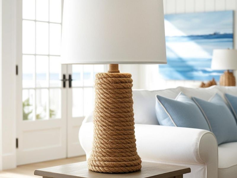 DIY lighting: nautical-inspired rope-wrapped lamp with a white lampshade on a wooden side table