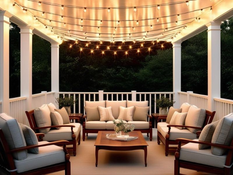 DIY outdoor decor: string light canopy casting a cozy glow over an outdoor seating area