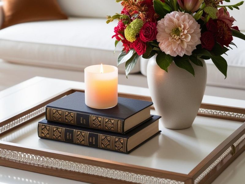 Upcycling projects: Upcycled picture frame tray styled with a candle and flowers on a coffee table