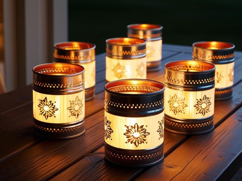 DIY lighting: painted tin can lanterns glowing on a wooden patio table at dusk