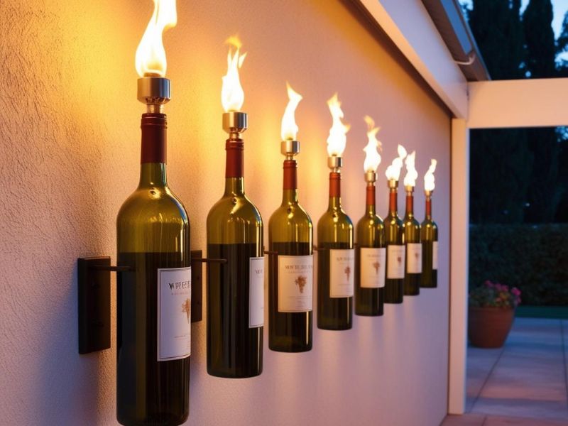 DIY outdoor decor: recycled wine bottles transformed into wall-mounted torches, adding a warm glow to an outdoor space