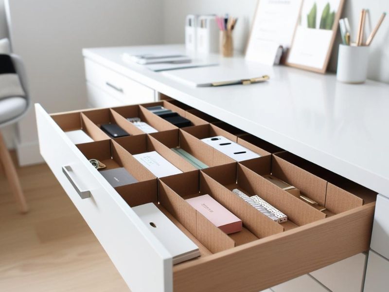 DIY storage solutions: DIY cardboard drawer dividers organizing stationery in a minimalist home office