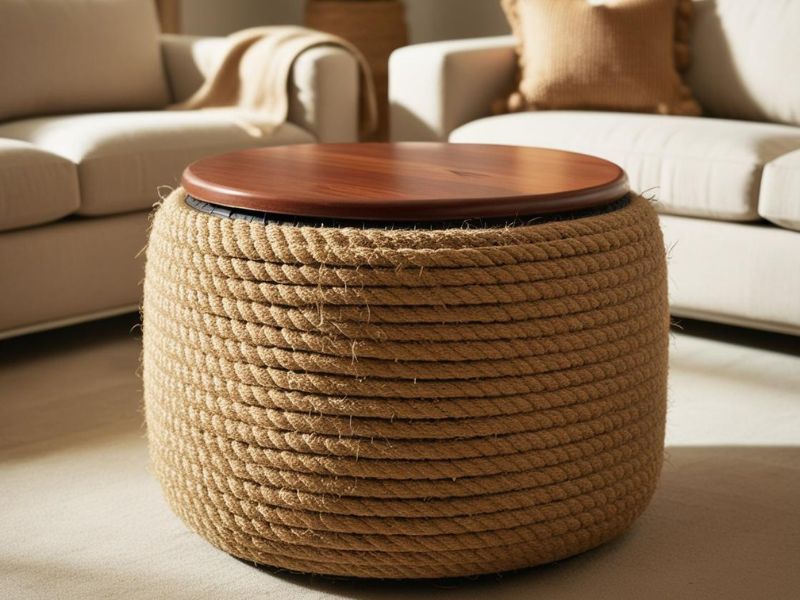 Upcycling projects: Rope-wrapped tire ottoman with a wooden top, placed in a cozy living room