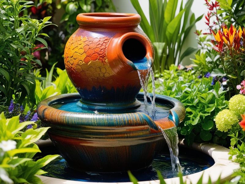 DIY outdoor decor: tiered clay pots painted in vibrant colors with water flowing gently