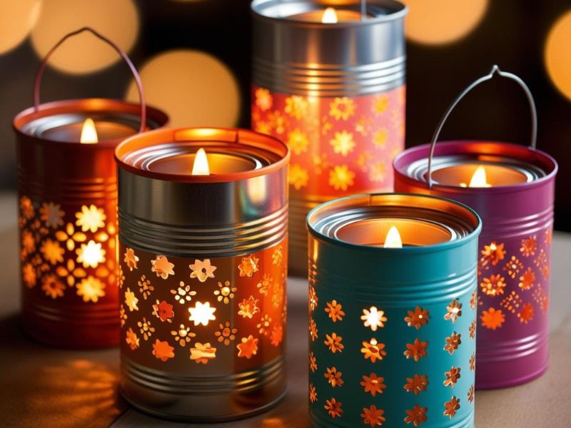 Upcycling projects: Colorful tin can lanterns with lit candles, placed on a patio table