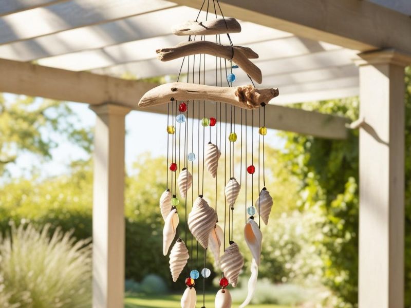 DIY outdoor decor: handmade driftwood wind chime with shells and beads, hanging from a pergola