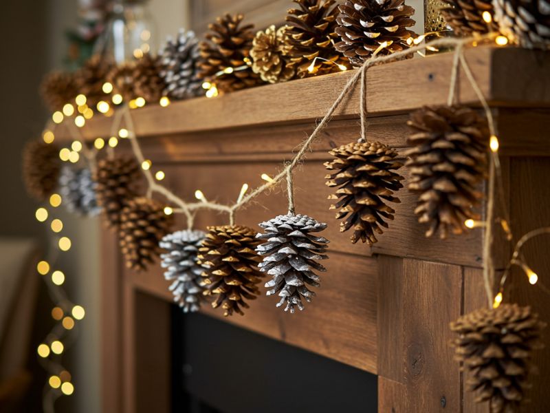 diy christmas decorations: rustic pinecone garland with string lights draped over a mantel for cozy holiday charm