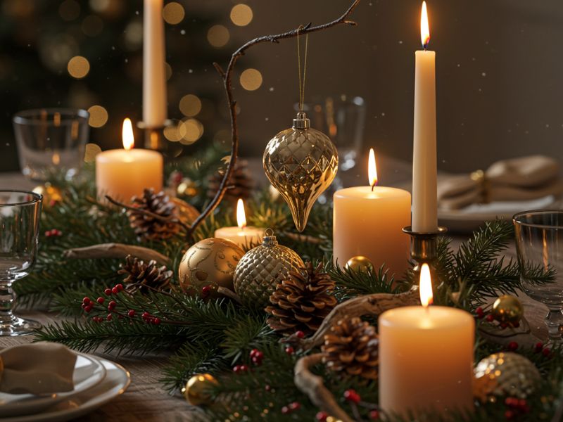 diy christmas decorations: festive centerpiece with candles, pinecones, ornaments, and greenery, perfect for holiday tables