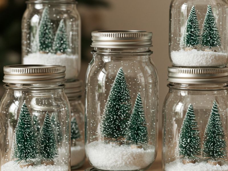 diy christmas decorations: mason jar snow globes with mini trees and faux snow, creating a charming handmade holiday decor