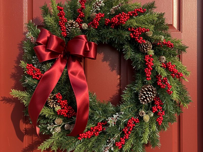 diy christmas decorations: festive wreath with red berries, pinecones, and a satin bow, perfect for holiday door decor