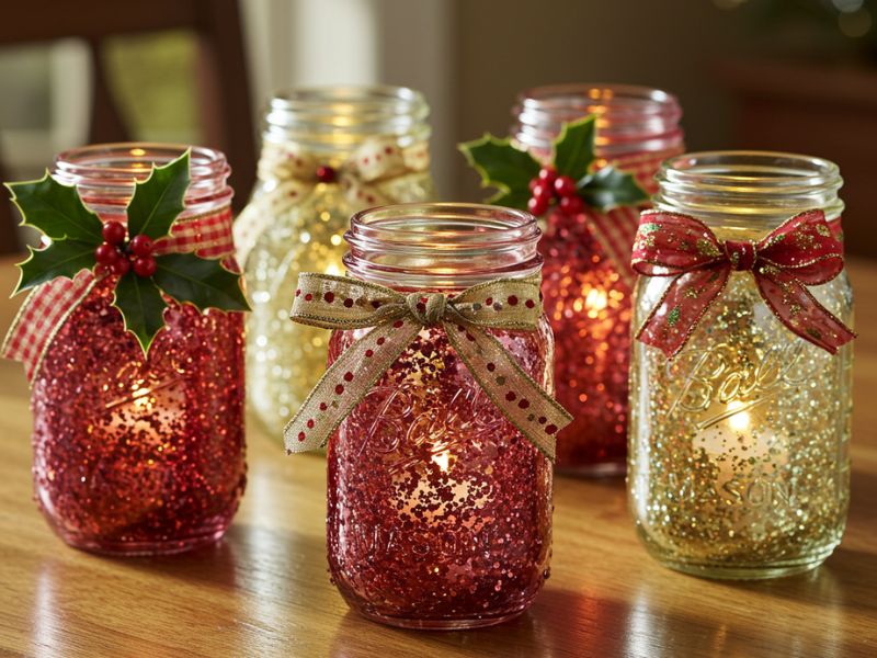 diy christmas decorations: glitter mason jar candle holders with festive bows and holly, perfect for holiday lighting