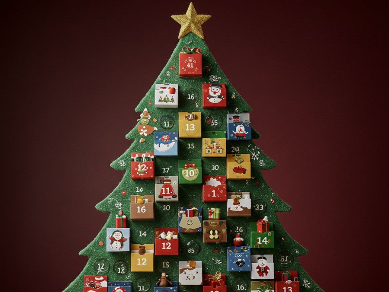 diy christmas decorations: christmas tree advent calendar with colorful gift boxes and a star topper for holiday countdowns