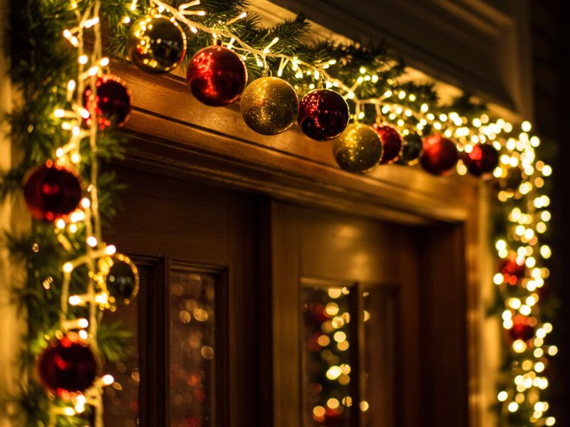 diy christmas decorations: festive garland with string lights and red and gold ornaments framing a doorway for holiday deco