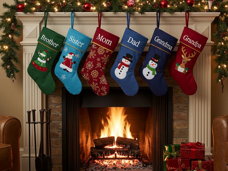 diy christmas decorations: personalized stockings for family members hanging on a festive mantel above a cozy fireplace