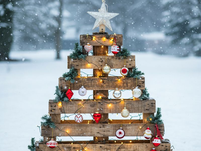 diy christmas decorations: wooden pallet christmas tree adorned with ornaments, string lights, and a star topper in a snowy setting