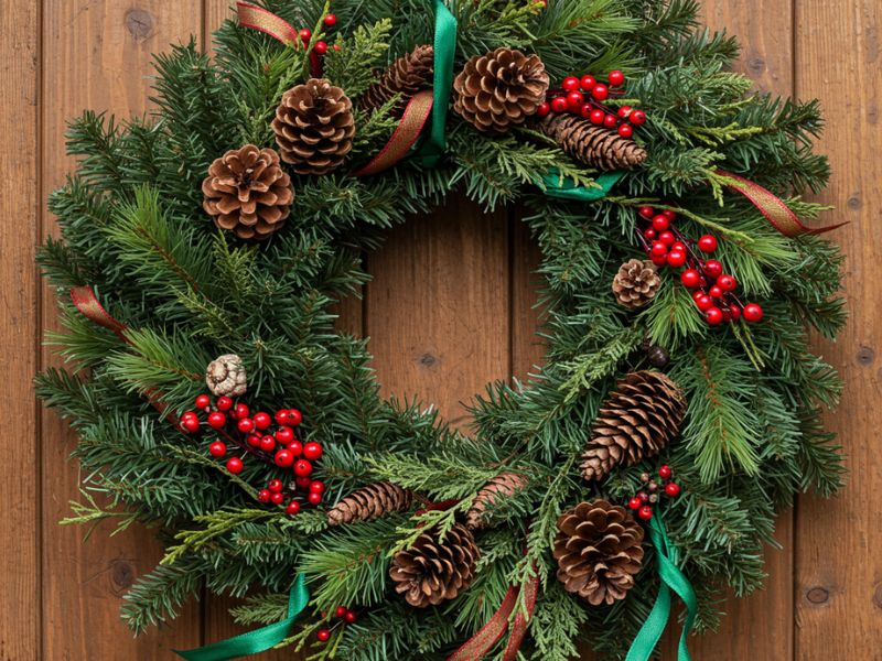 outdoor holiday decorations: a handmade evergreen wreath with pinecones, red berries, and green and red ribbons on a wooden door