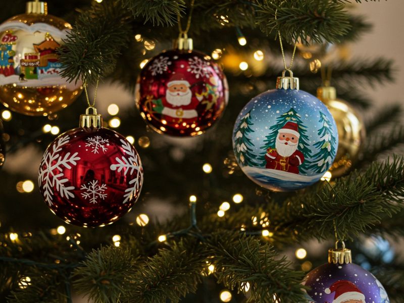 christmas ornament: hand-painted baubles featuring santa and snowflake designs on a lit christmas tree for festive decor