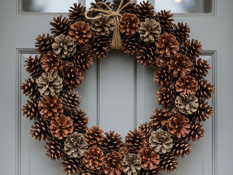 diy christmas wreaths: pinecone and twine wreath with natural tones, perfect for rustic holiday decor