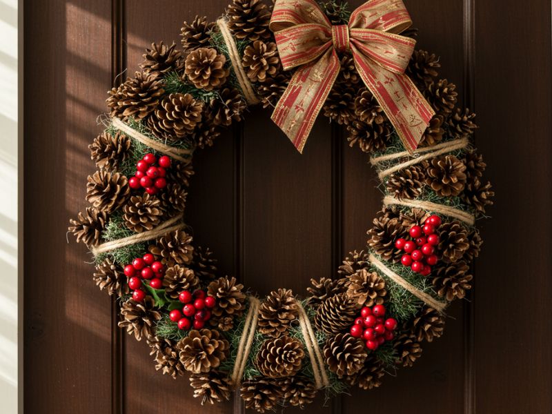 holiday diy projects: rustic pinecone wreath with red berries and a festive bow