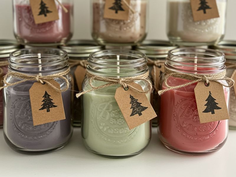 diy holiday gifts: scented mason jar candles adorned with twine and kraft tags featuring christmas tree designs for a cozy touch