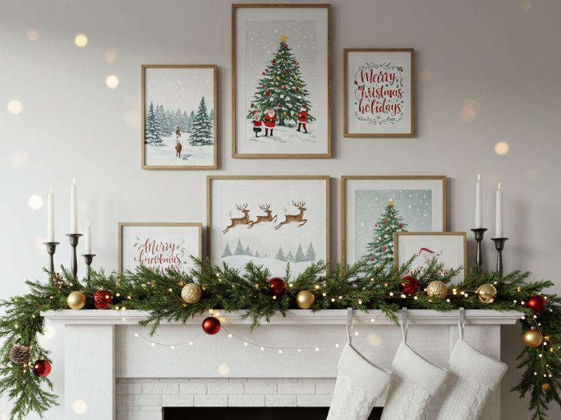 diy holiday gifts: framed holiday prints with cheerful designs above a garland-adorned fireplace decorated with stockings