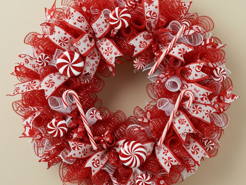 diy christmas wreaths: candy cane-themed ribbon wreath decorated with peppermint candies and candy canes for a festive touch